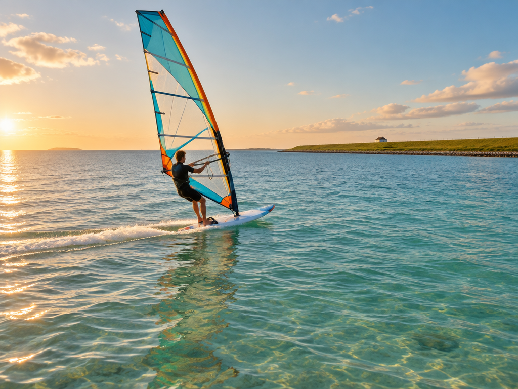 Windsurfer på det lavvandede, turkise Lillehav mellem Kegnæs og Als ved gylden aftenssol med diget i baggrunden