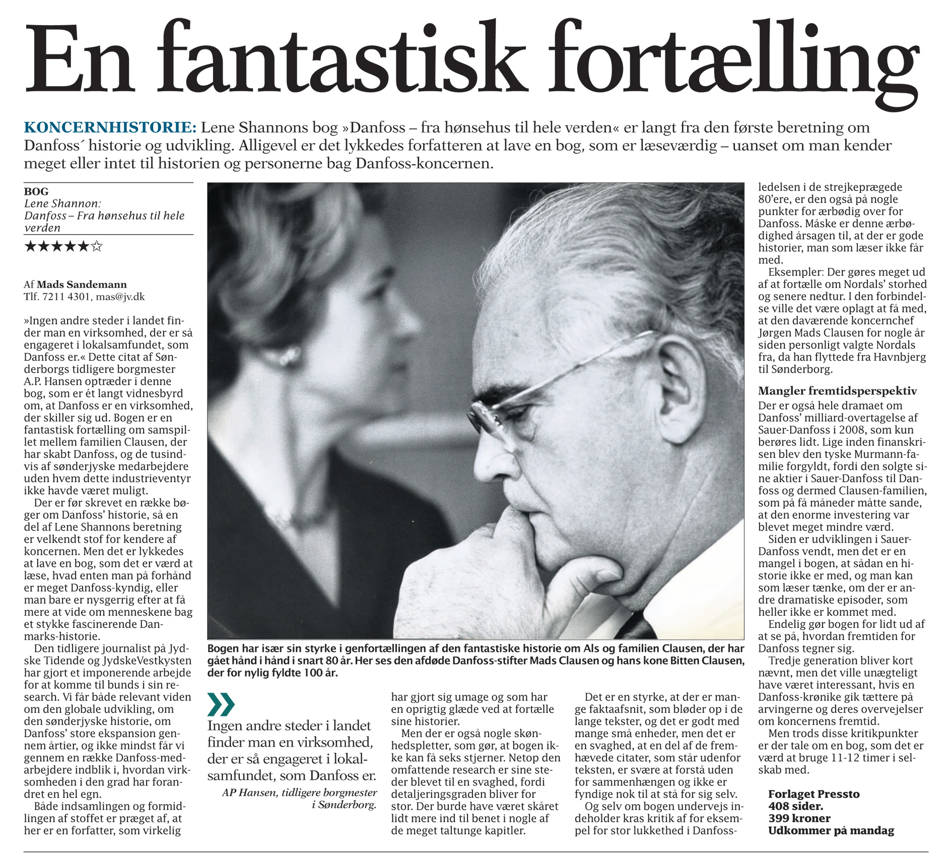 Avisartikel om Danfoss' historie med portræt af stifter Mads Clausen og hustru Bitten Clausen — grundlæggerne af industriarven på Als