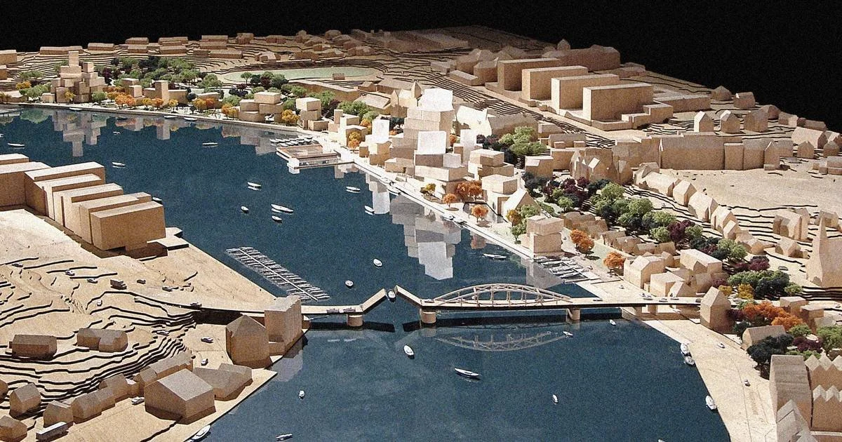 Arkitektonisk model af Byens Havn i Sønderborg — moderne bygninger, bro og vandområde